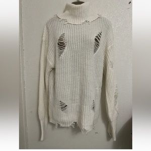Caren Sport Womens Sweater Size 2X Cream Distressed Boho Grunge High Neck